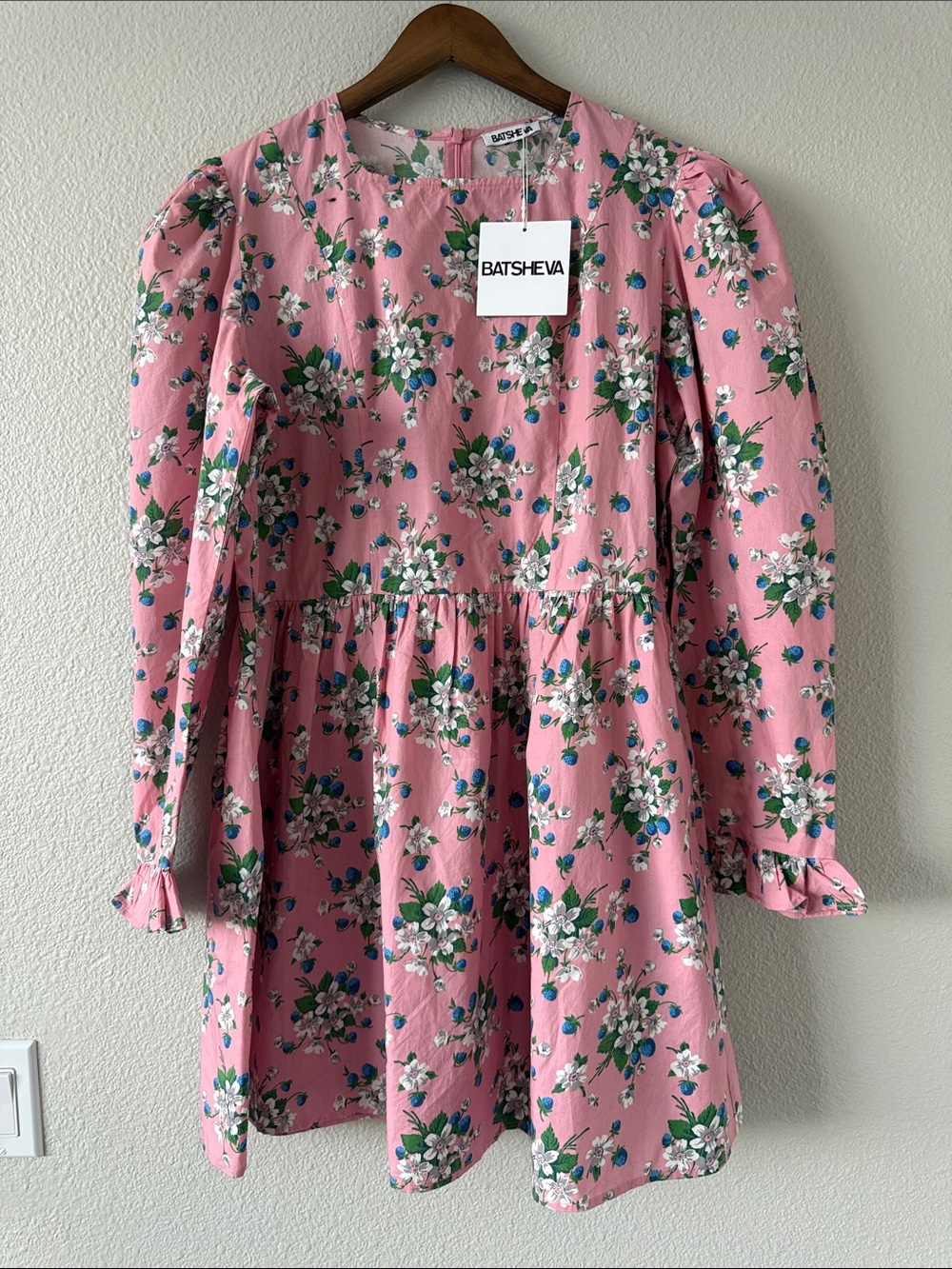 Batsheva Collarless Prairie Mini Dress Pink Lily Floral Cotton Puff Sleeve 18 - Picture 2 of 16